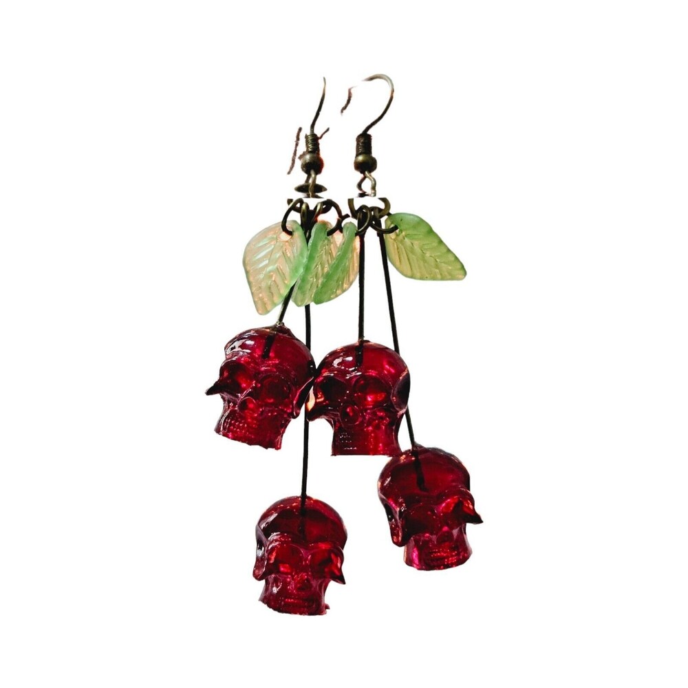 Cherry Cherries Skulls Dangle Drop Earrings Halloween Red Blood Polyresin Dead